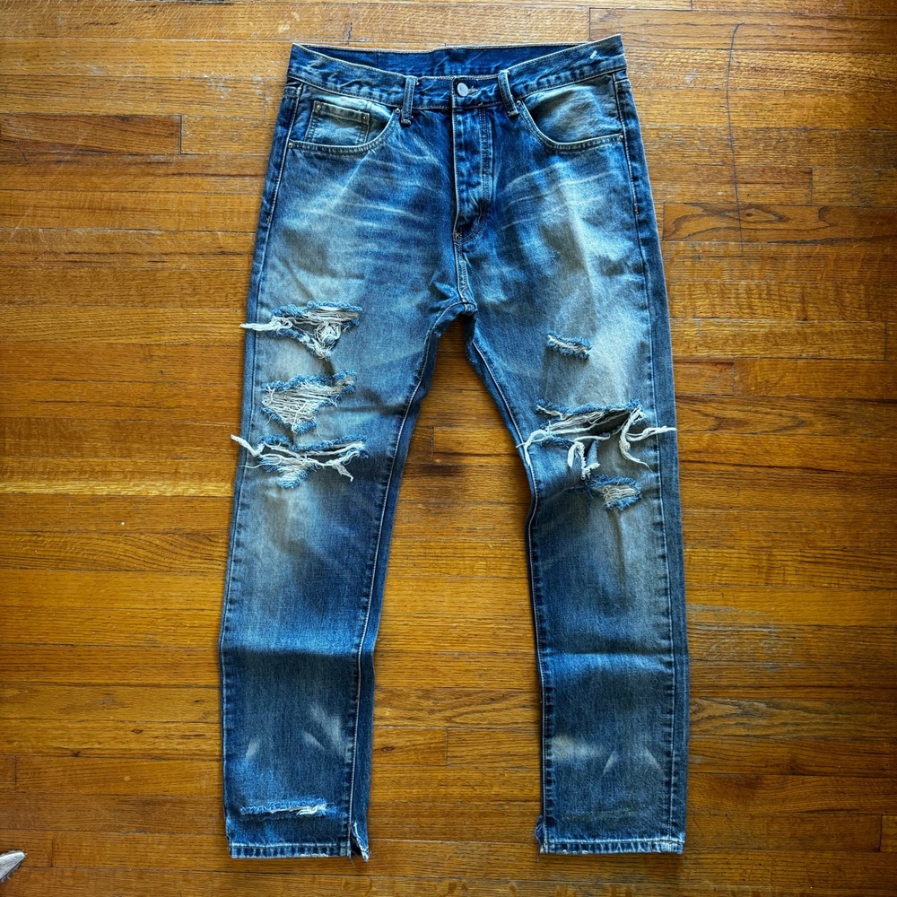 MNML Mens Distressed‎ Slim Straight Blue Denim Jeans Ripped Frayed Hem 34x32